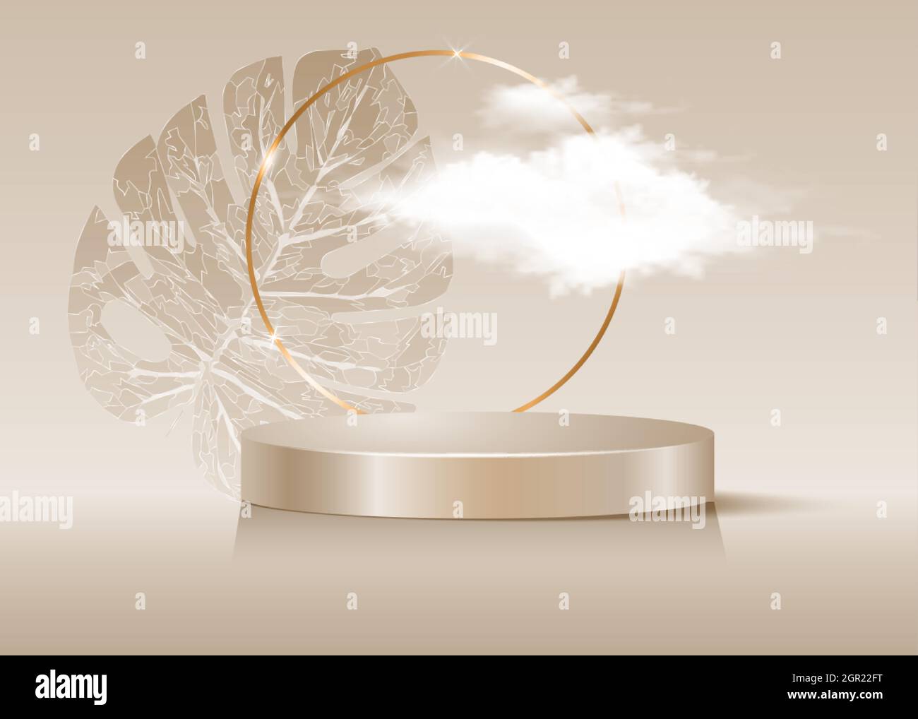 3d-Plattform Studio-Display minimale Szene, Gold runden Rahmen und flauschige Wolke, Sockel Boden. Luxus Bühne Schaufenster moderne Mode-Plattform zu zeigen Stock Vektor