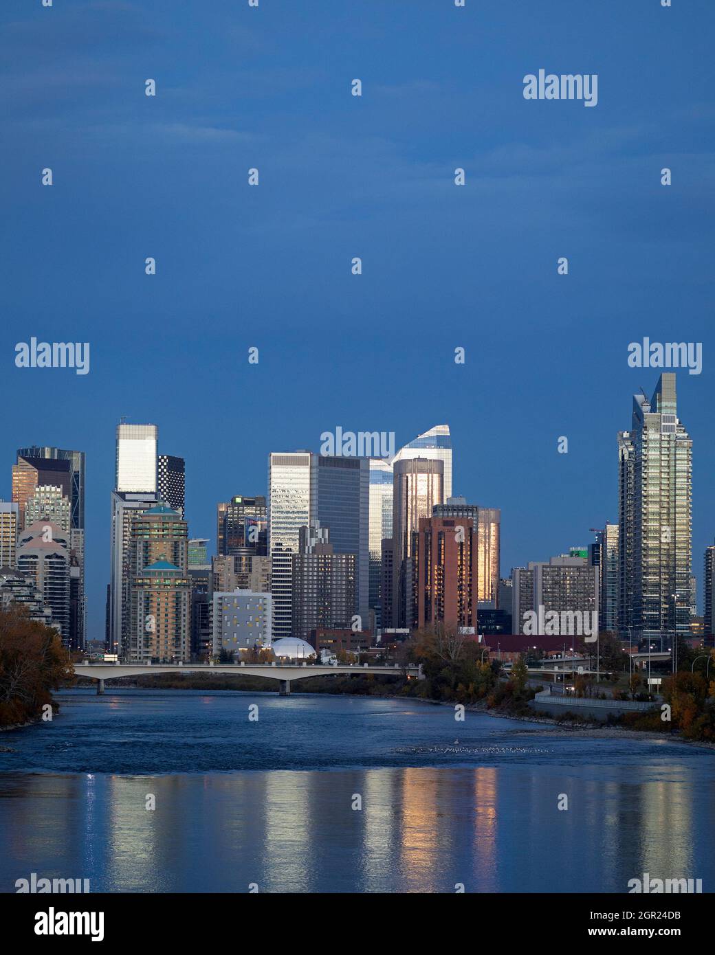 Skyline von Calgary mit dem Bow River bei Nacht Stockfoto