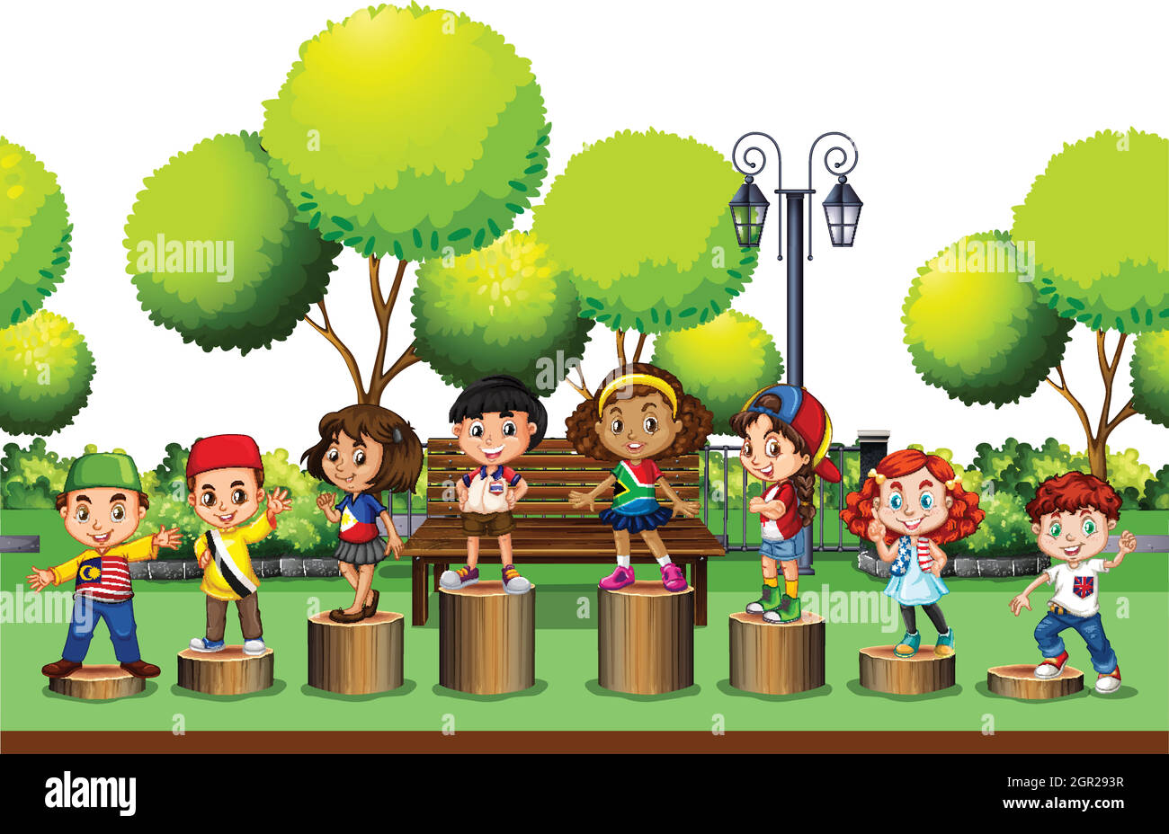 Kinder stehen auf dem Holzbuch im Park Stock Vektor