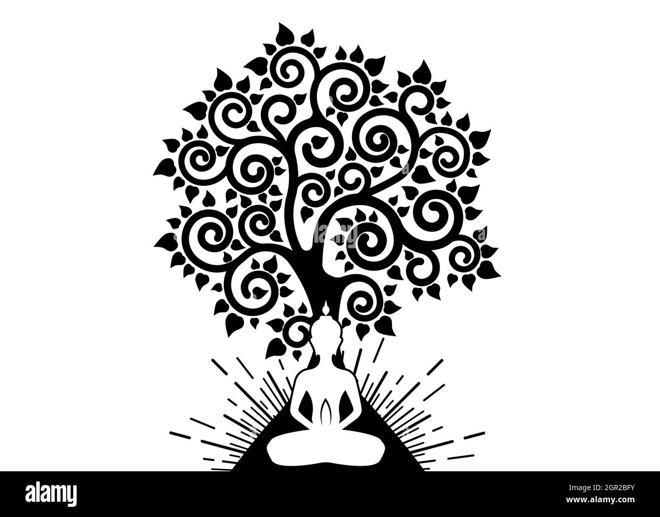 Visakha Puja Tag, meditiert Buddha und Bodhi Baum in Heiligen Lotus Logo Vorlage. Heiliger Baum, Ficus religiosa, Baum des Lebens Konzept. Vektor isoliert Stock Vektor