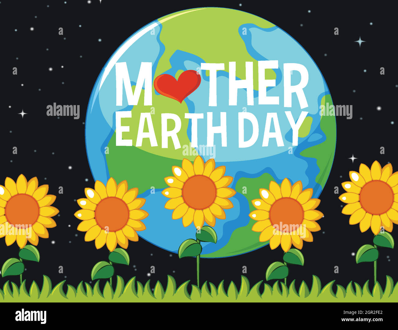 Poster-Design für Mutter Erde Tag mit Sonnenblumen im Garten in der Nacht Stock Vektor