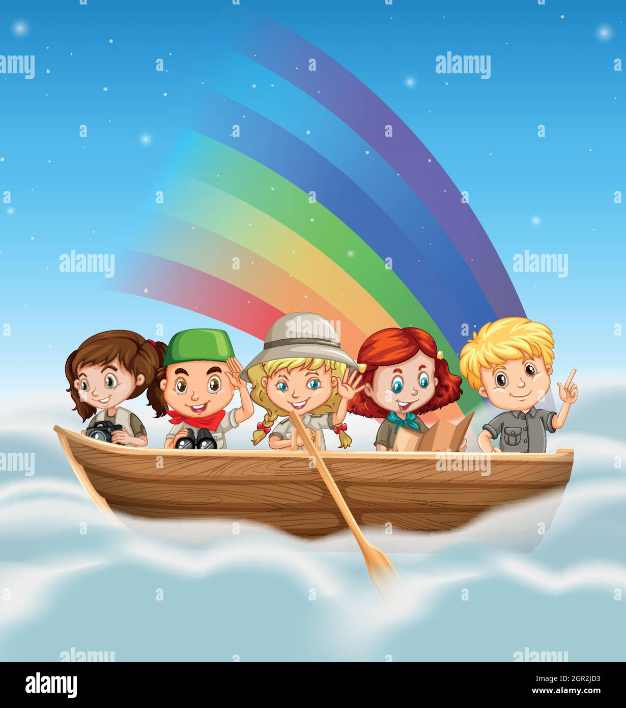 Glückliche Kinder reiten im Boot über den Regenbogen Stock Vektor