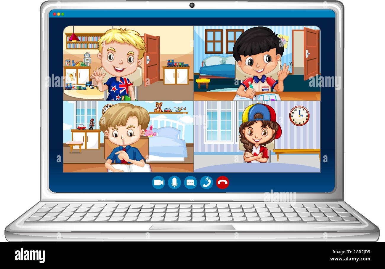 Video-Chat-Online-Bildschirm für Studenten auf einem Laptop auf weißem Hintergrund Stock Vektor