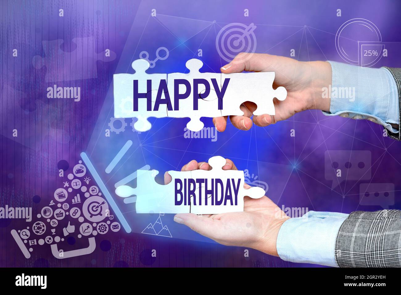 Textunterschrift mit Alles Gute zum Geburtstag. Konzept bedeutet, dass der Geburtstag einer Person mit Geschenken Hand Holding Puzzle Stück gefeiert wird Stockfoto