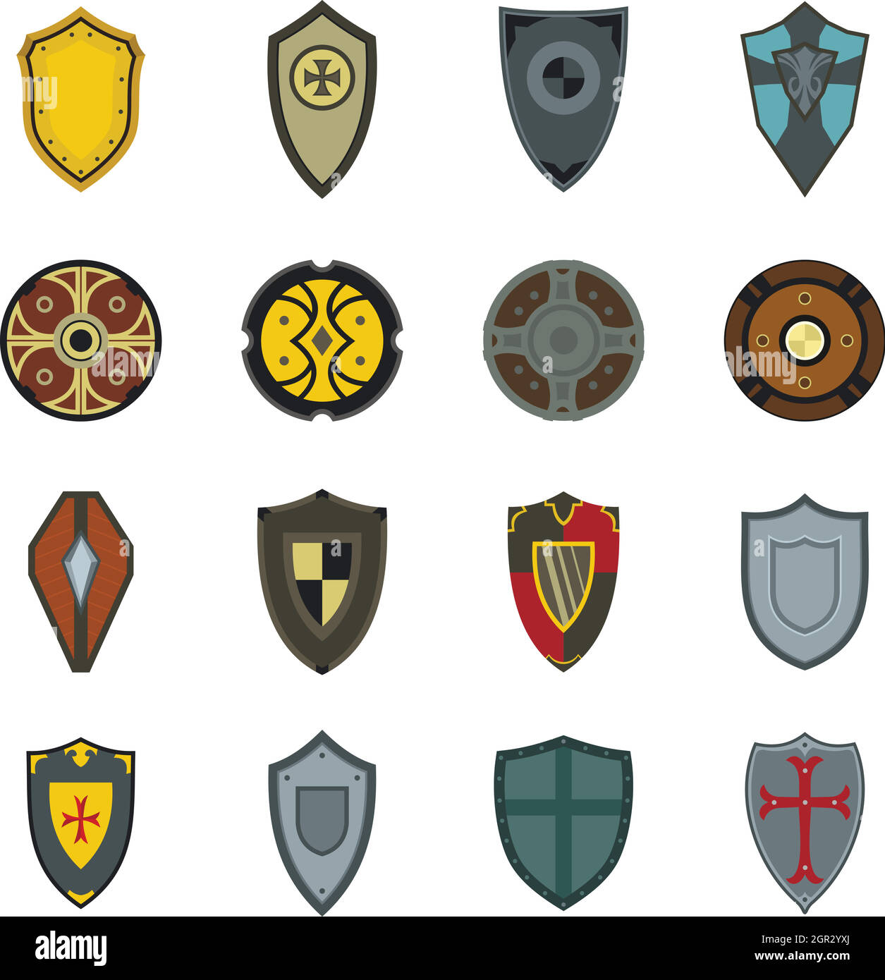 Schilde Icons set, flach Stil Stock Vektor