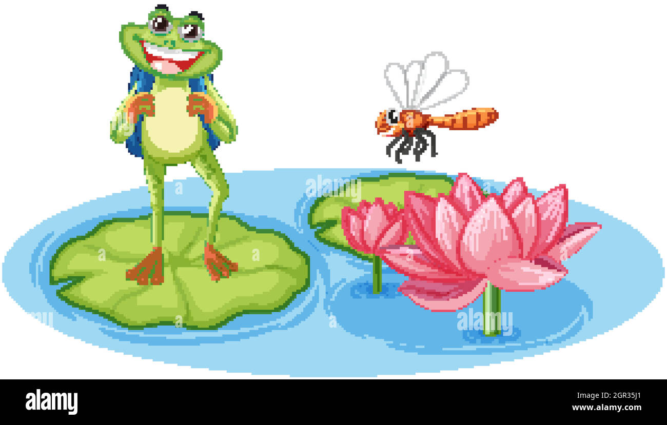 Ein Frosch mit Libelle auf Lotusblatt mit rosa Lotus im Wasser Stock Vektor