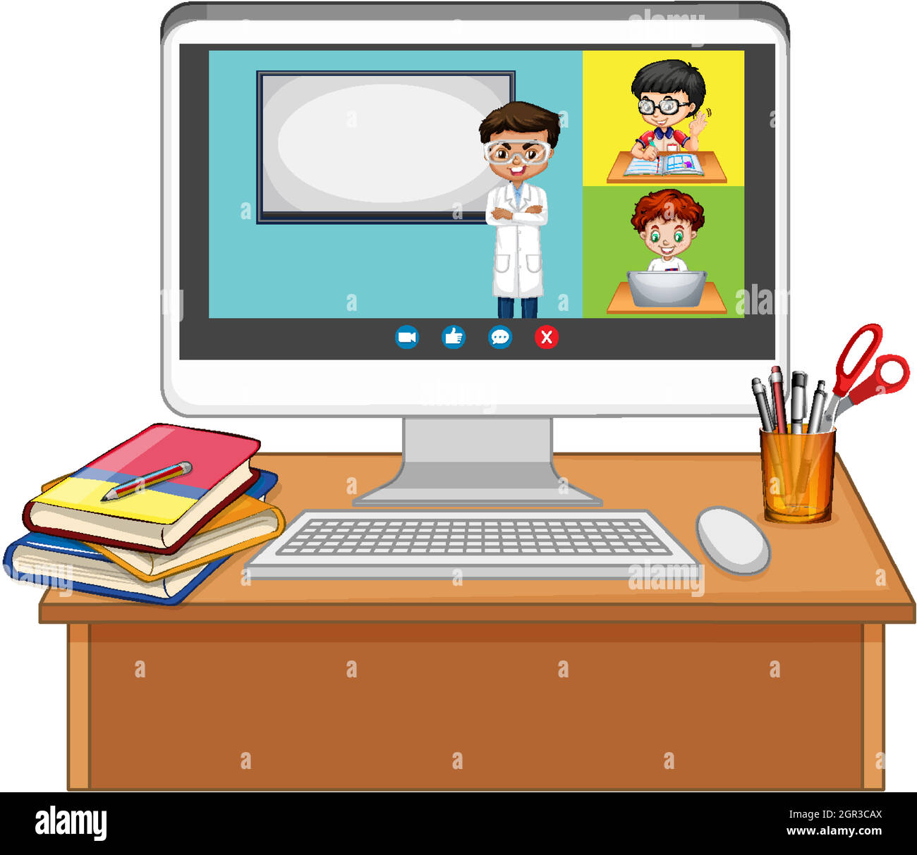 Online-Bildschirm für Studenten-Video-Chat auf dem Computerbildschirm auf weißem Hintergrund Stock Vektor