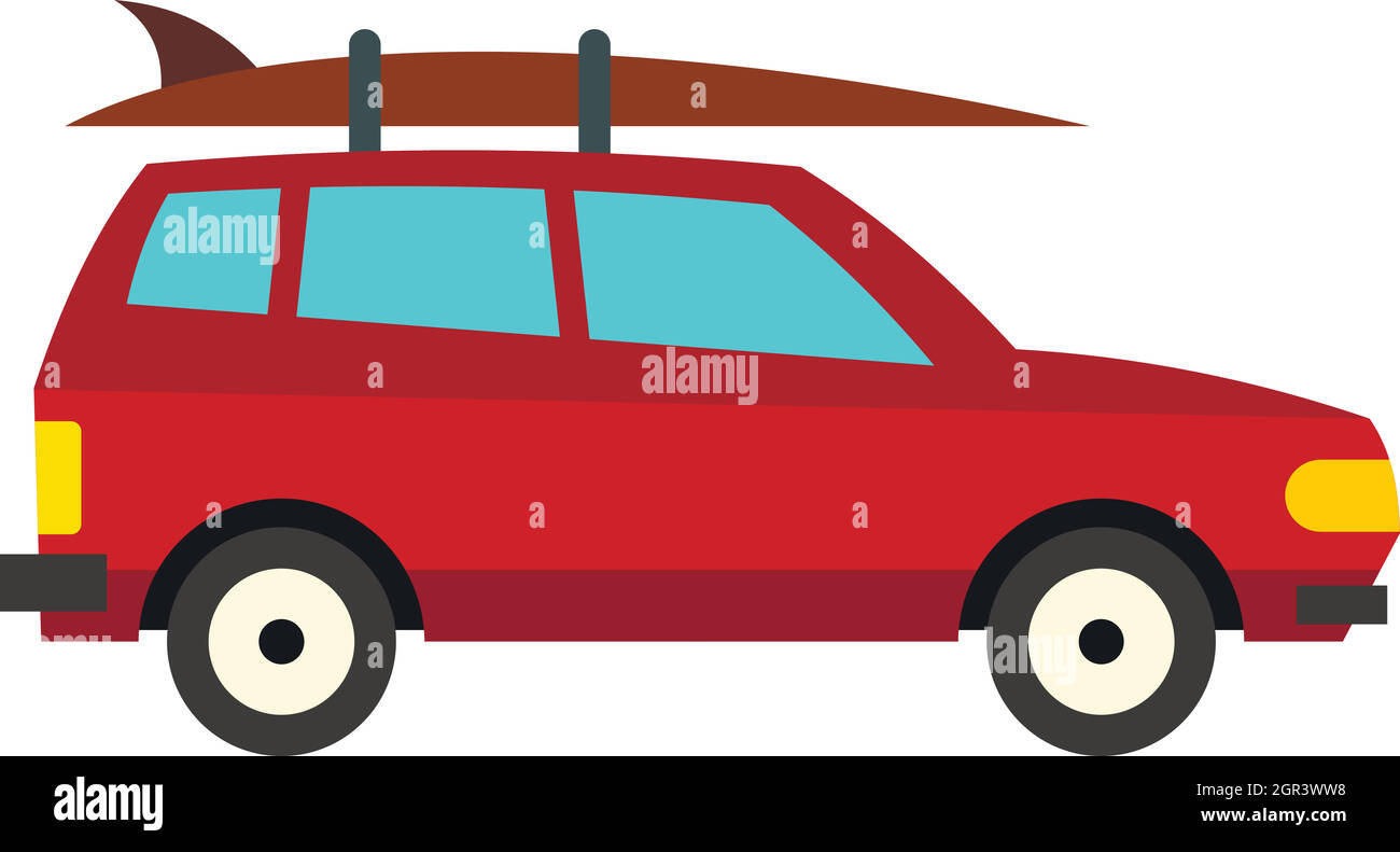 Das rote auto mit sachen fährt in den urlaub koffer ein surfbrett ein hut  ein aufblasbarer kreis