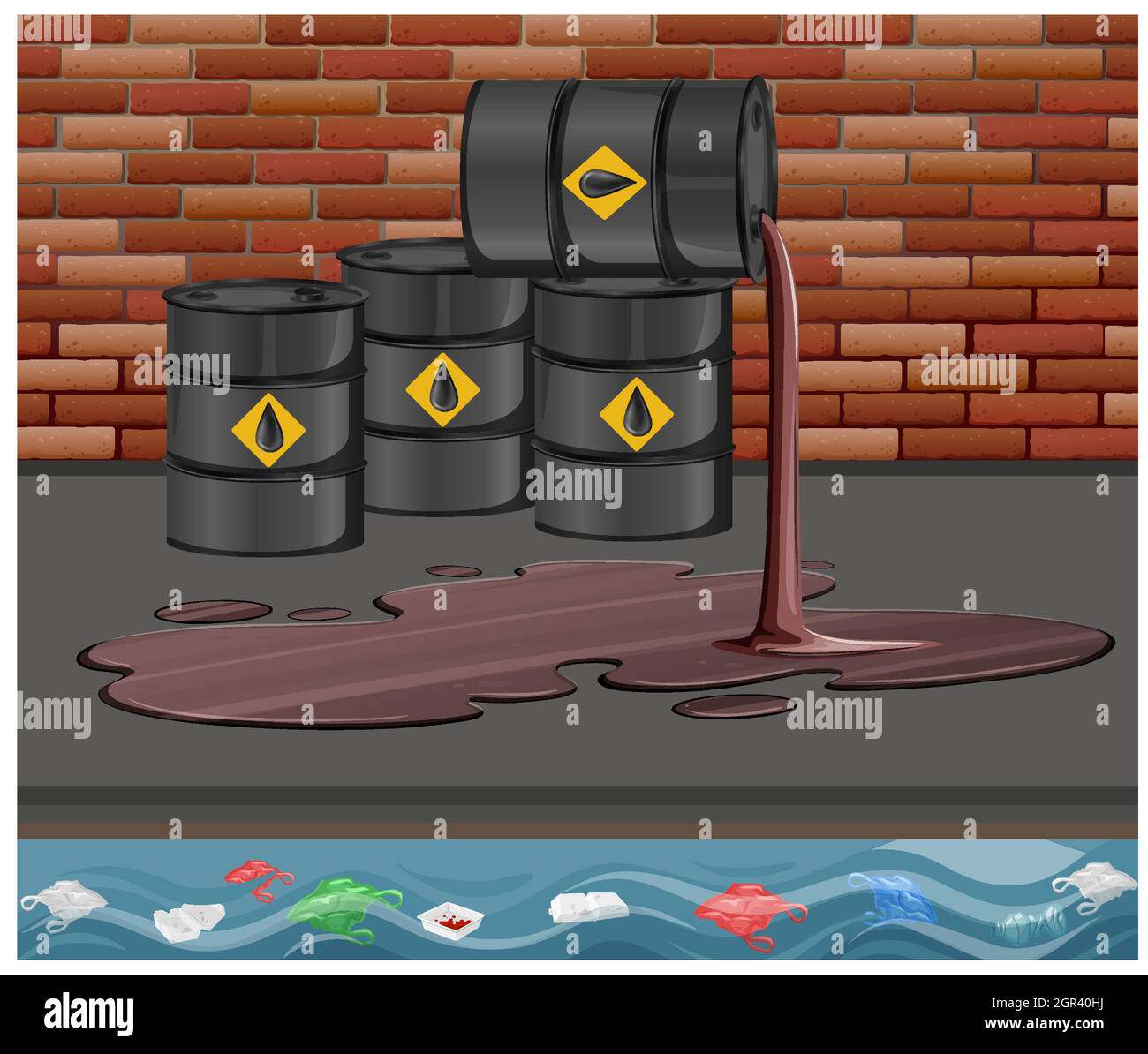 Schwarze Ölfässer mit Rohölzeichen verschütten Öl auf dem Boden auf Backstein-Hintergrund Stock Vektor