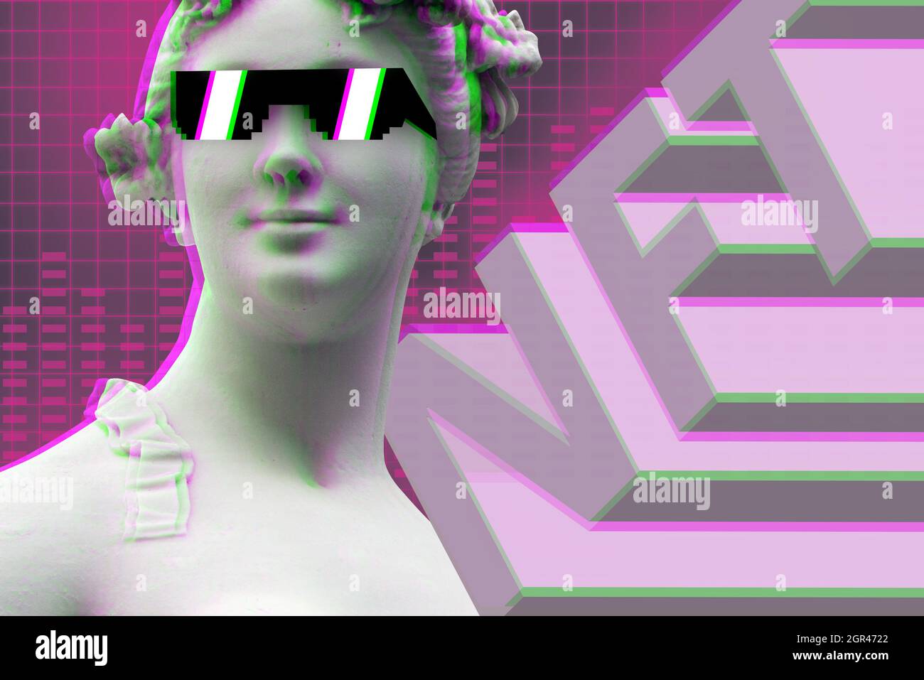 Moderne Business Art NFT nicht-fungible Marke mit einem Porträt einer Statue trägt eine Brille. Stockfoto