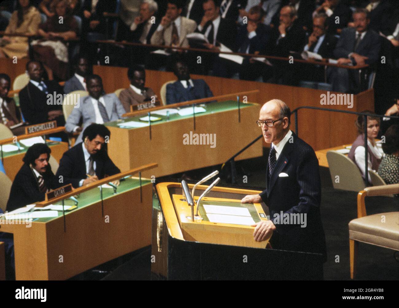 Der französische Präsident Valery Giscard d'Estaing vor der Generalversammlung der Vereinten Nationen, New York City, New York, USA, Mai 24, 1978 Stockfoto