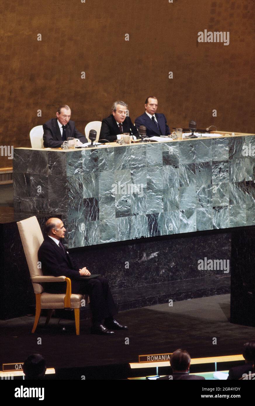 Der französische Präsident Valery Giscard d'Estaing, der an der Generalversammlung der Vereinten Nationen, New York City, New York, USA, im Mai 24 teilnimmt, 1978 Stockfoto