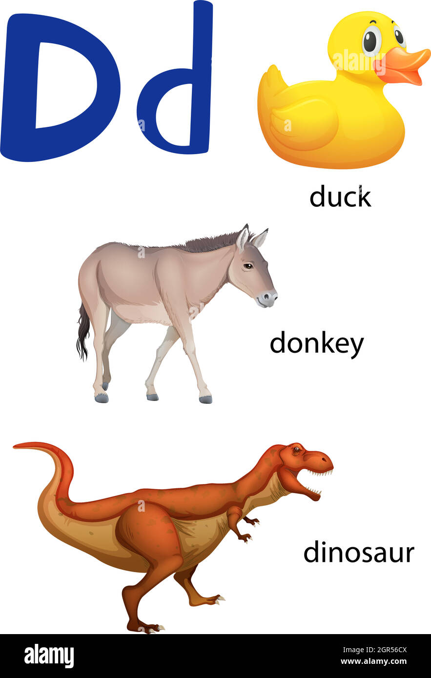 Buchstabe D für Ente, Esel und Dinosaurier Stock Vektor