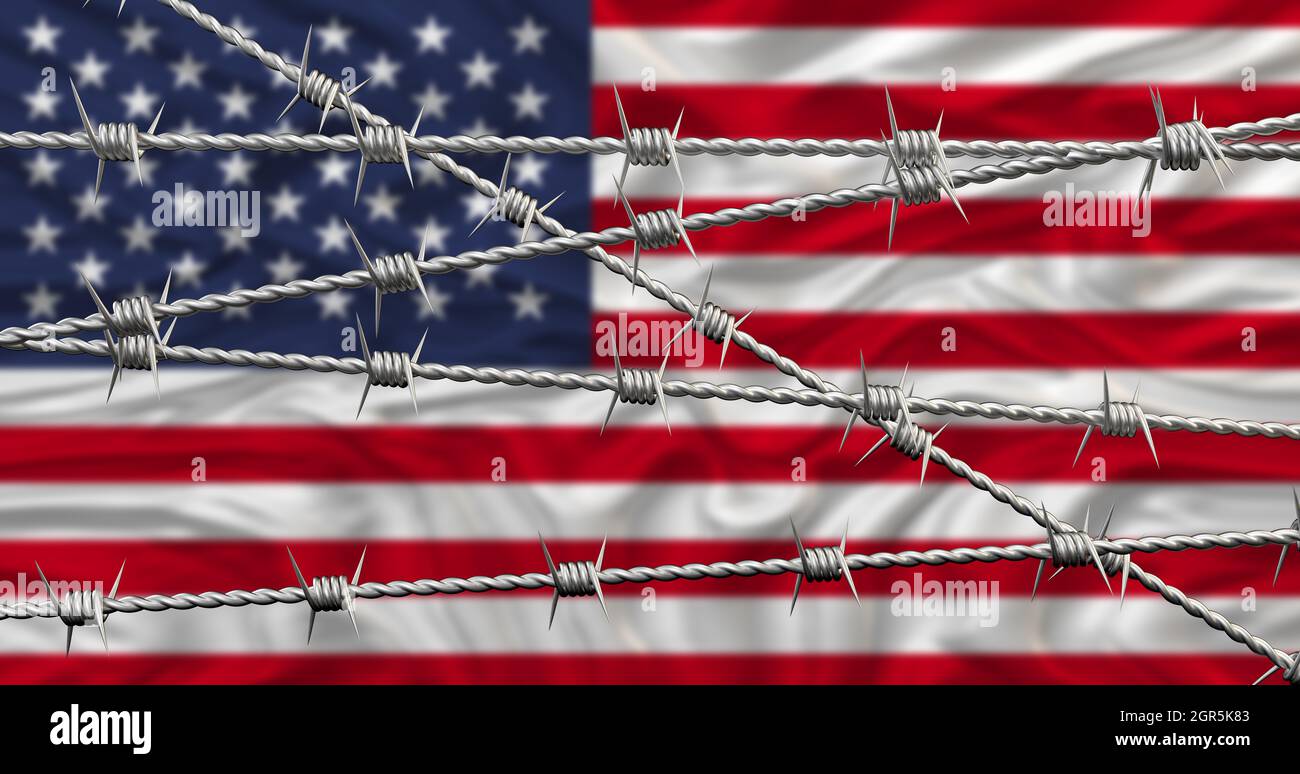 Flagge der Vereinigten Staaten, Soldat, Stacheldraht und militärisches Konzept Stockfoto