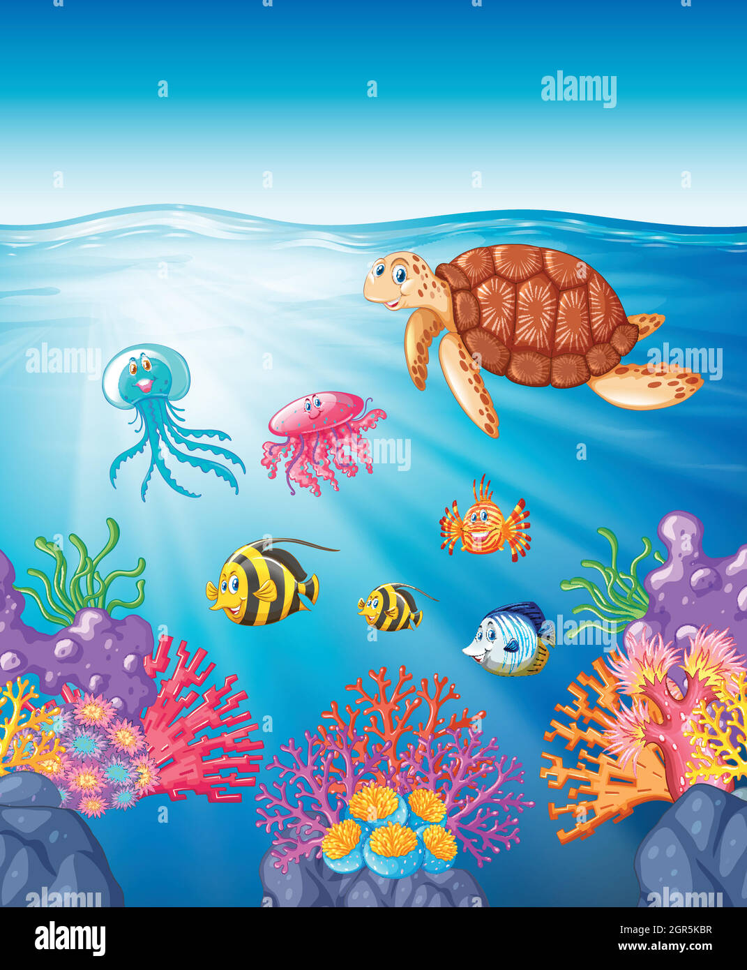 Schildkröten und Fische schwimmen unter Wasser Stock Vektor