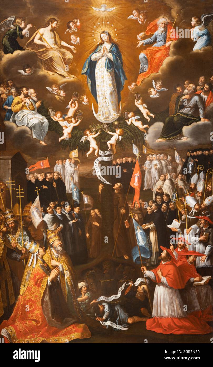 ROM, ITALIEN - 1. SEPTEMBER 2021: Das Gemälde von Triumph der Unbefleckten Empfängnis in der Kirche Santa Maria in Monserrato von Louis Cousin Stockfoto