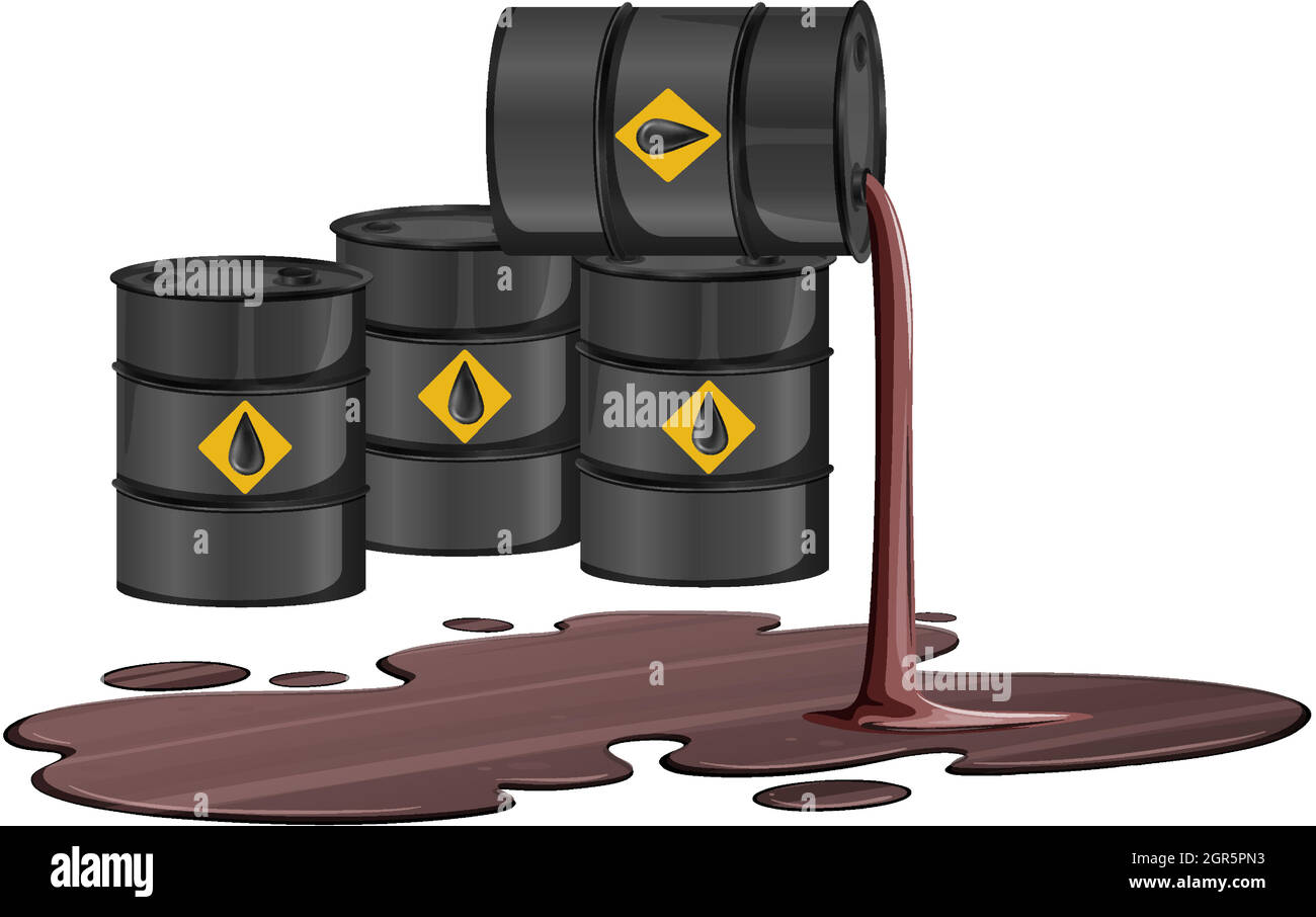 Schwarze Ölfässer mit Rohölzeichen verschütten Öl auf dem Boden, isoliert auf weißem Hintergrund Stock Vektor
