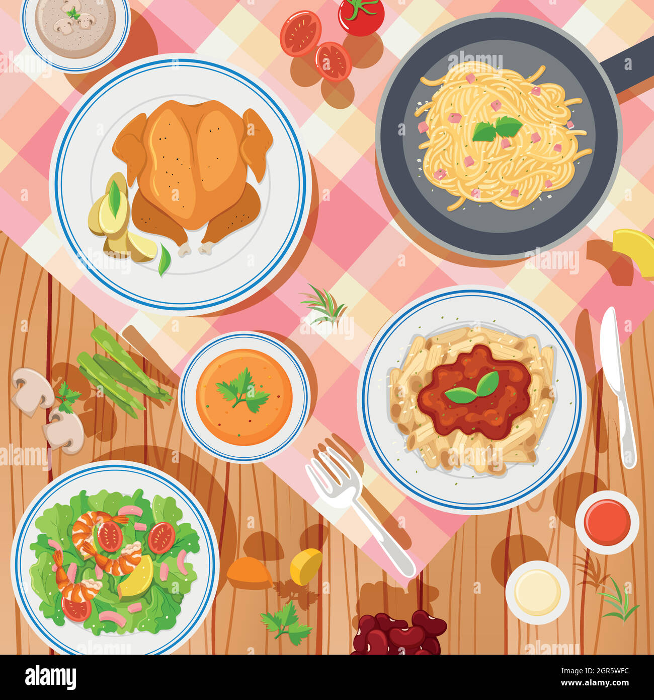 Hintergrund-Design mit verschiedenen Arten von Lebensmitteln auf dem Tisch Stock Vektor