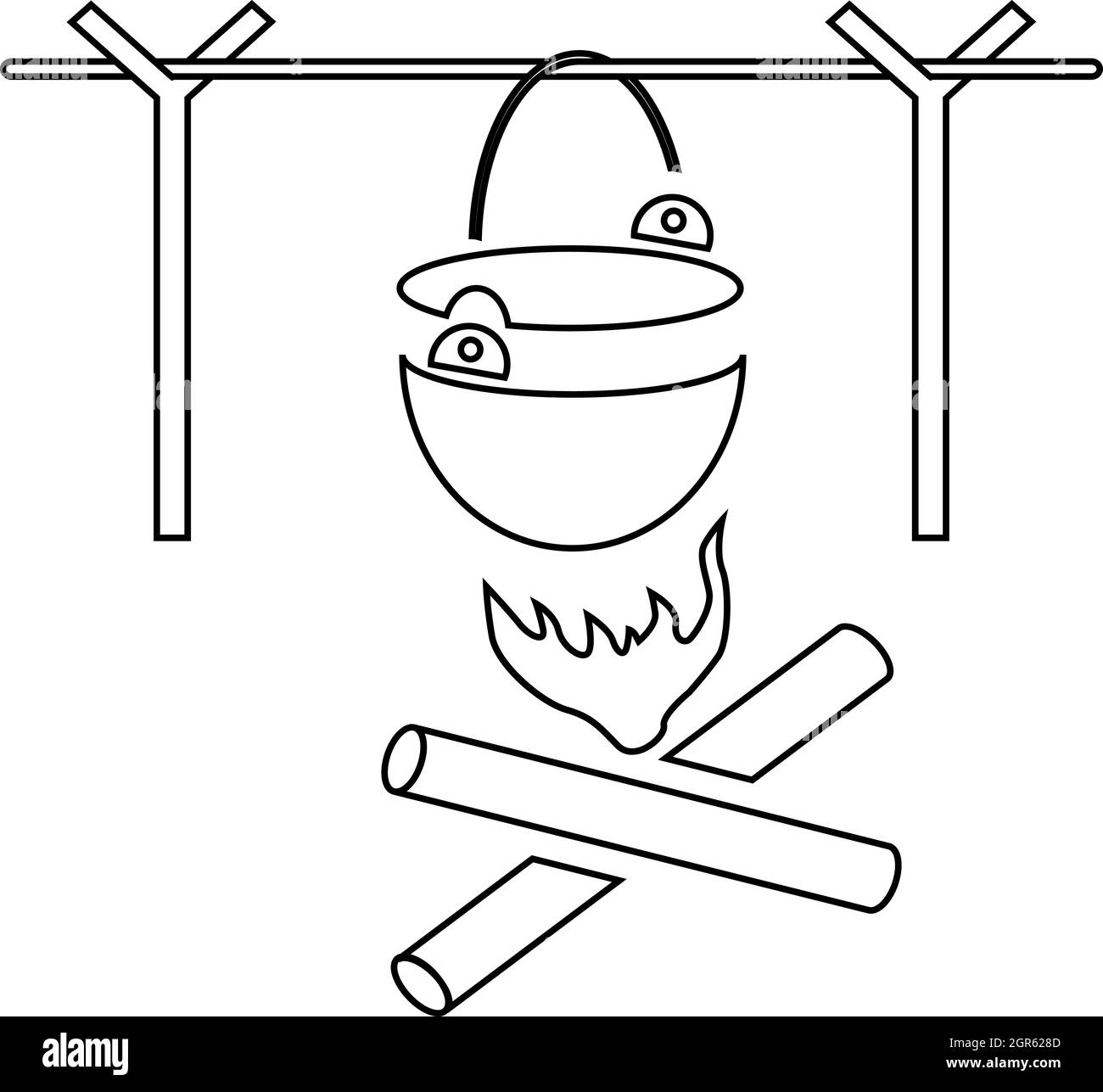 Camping Topf über einem Lagerfeuer Symbol, Umriss-Stil Stock Vektor