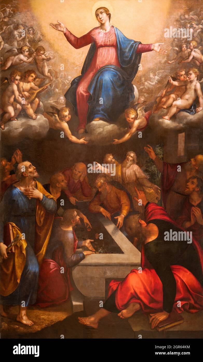 ROM, ITALIEN - 1. SEPTEMBER 2021: Das Gemälde Himmelfahrt der Jungfrau Maria in der Kirche Santa Maria in Monserrato von Francesco di Citta di Castello Stockfoto