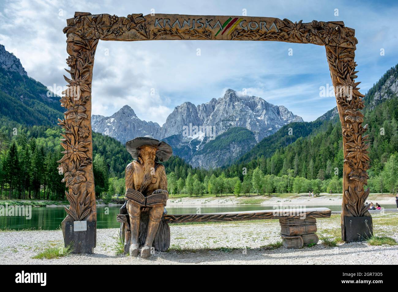 Jasna See, die Julischen Alpen im Hintergrund. Kranjska gora. Slowenien. Stockfoto
