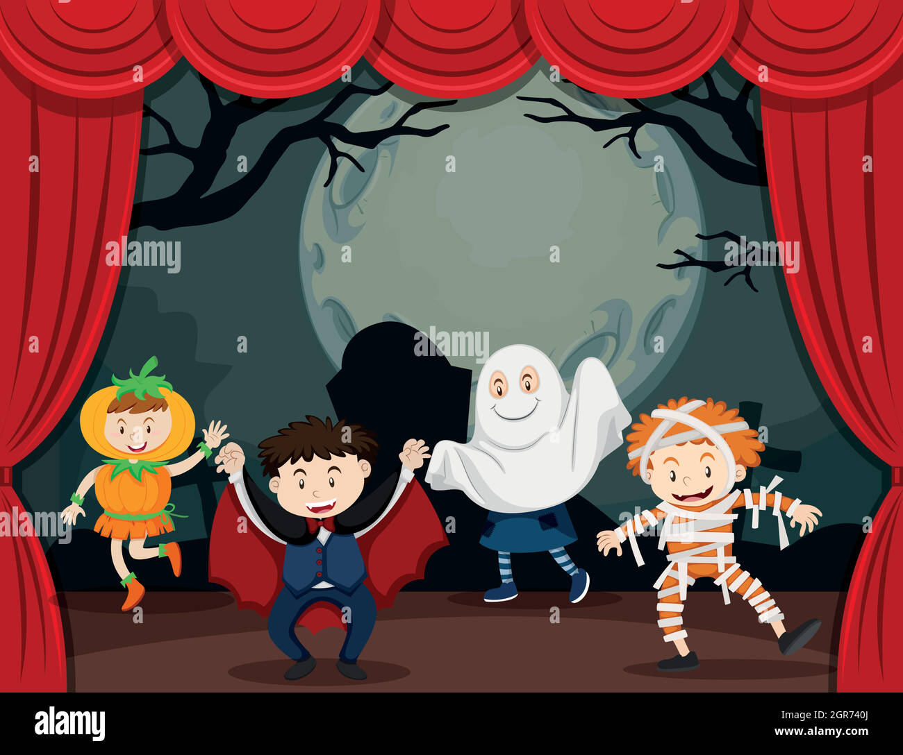 Kinder im halloween Kostüm auf der Bühne Stock Vektor