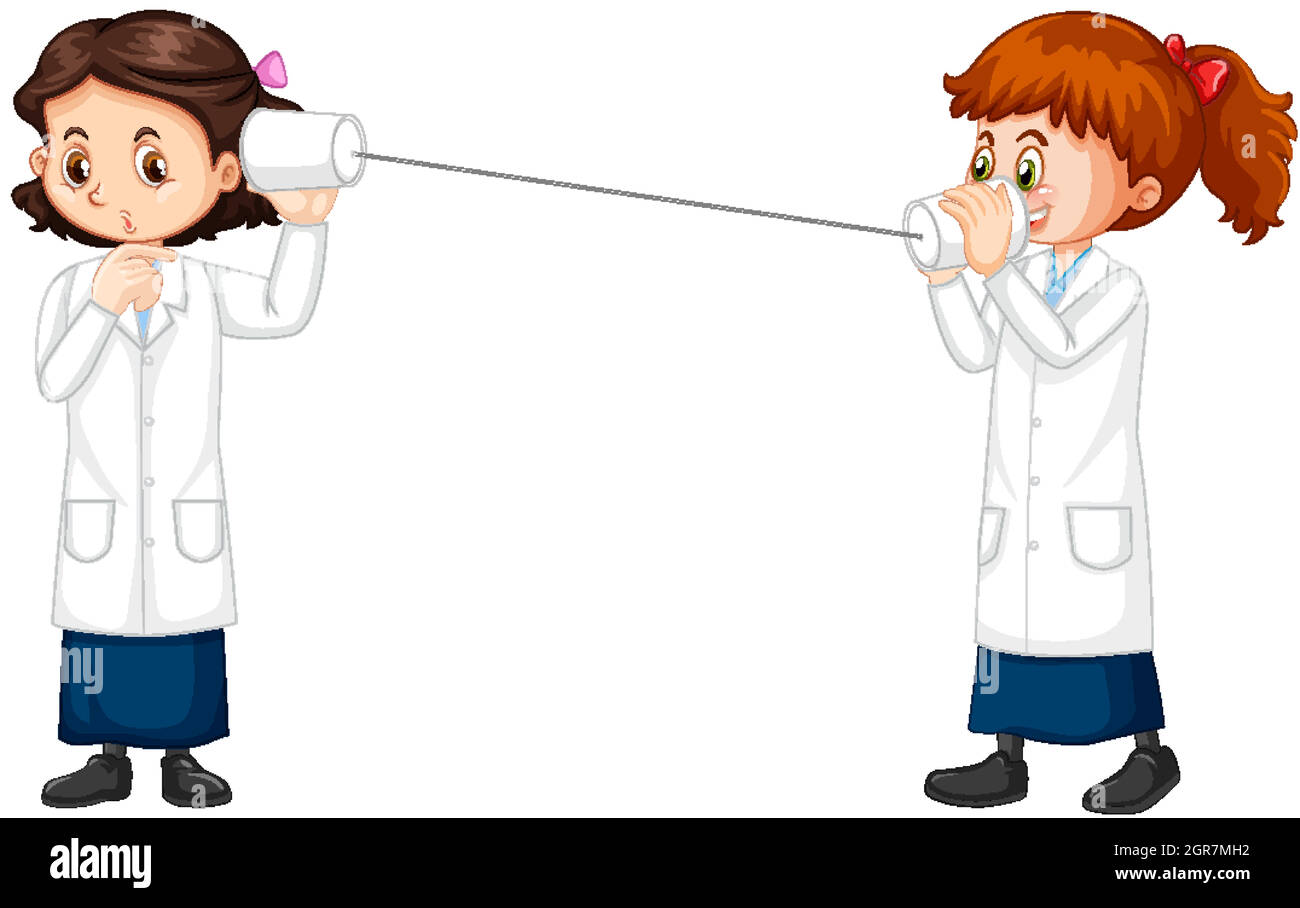 Zwei Wissenschaftler Mädchen Cartoon-Charakter String Telefon Experiment Stock Vektor