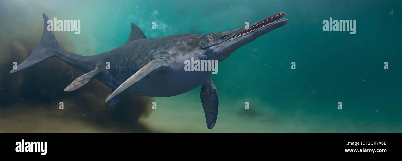 Ichthyosaur, Stenopterygius quadriscissus schwimmen im Ozean, ausgestorbenes marines Reptil von der frühen Trias- bis zur späten Kreidezeit, 3d Science Rendering b Stockfoto