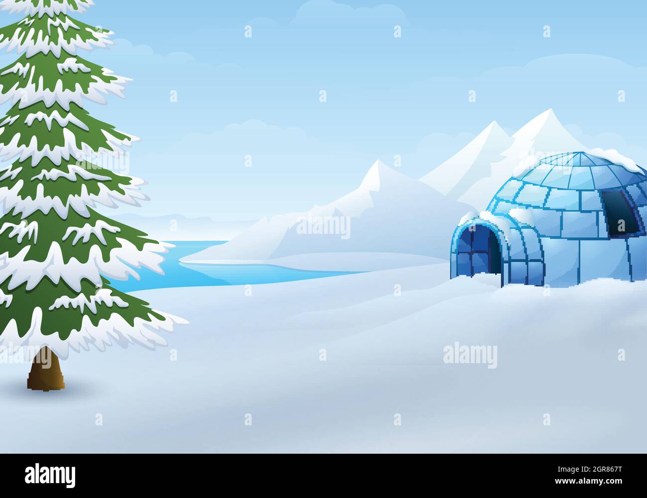 Karikatur von Iglu mit Tannen und Bergen im Winter Illustration Stock Vektor