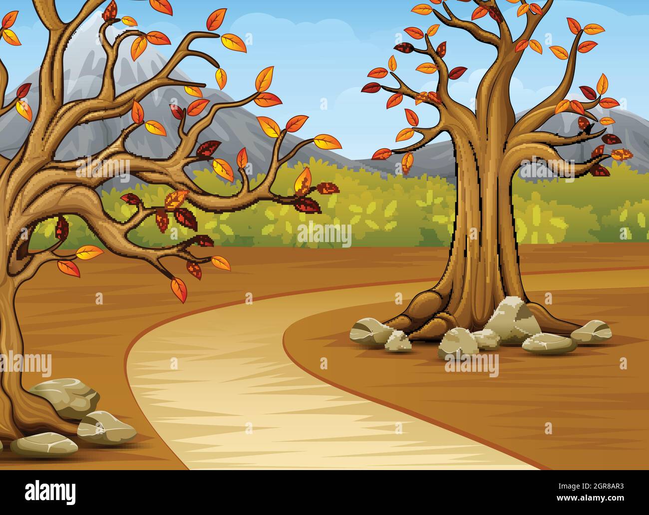 Cartoon von schönen Herbstbaum mit einem Berg Hintergrund Stock Vektor