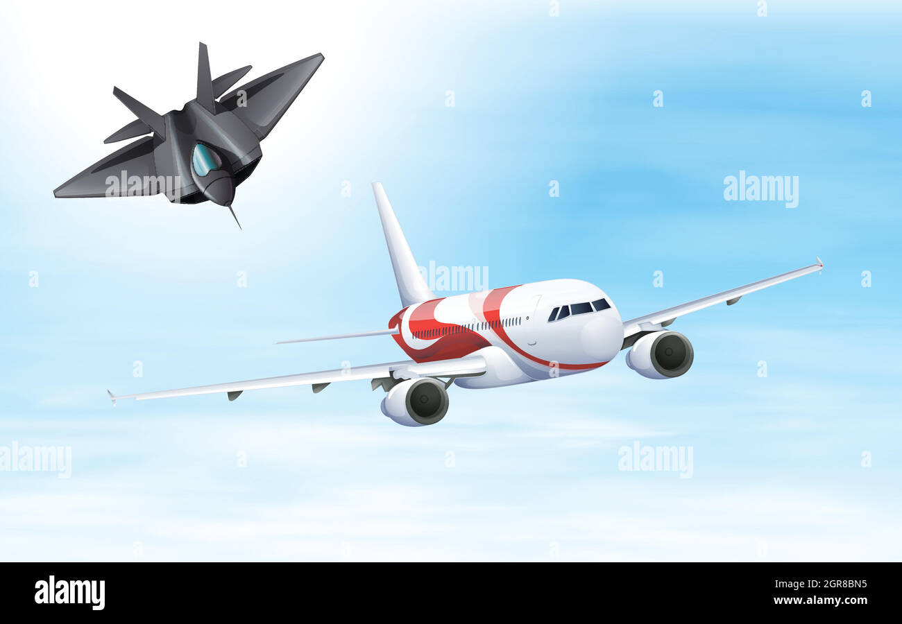 Kampfjet und Flugzeug fliegen in den Himmel Stock Vektor
