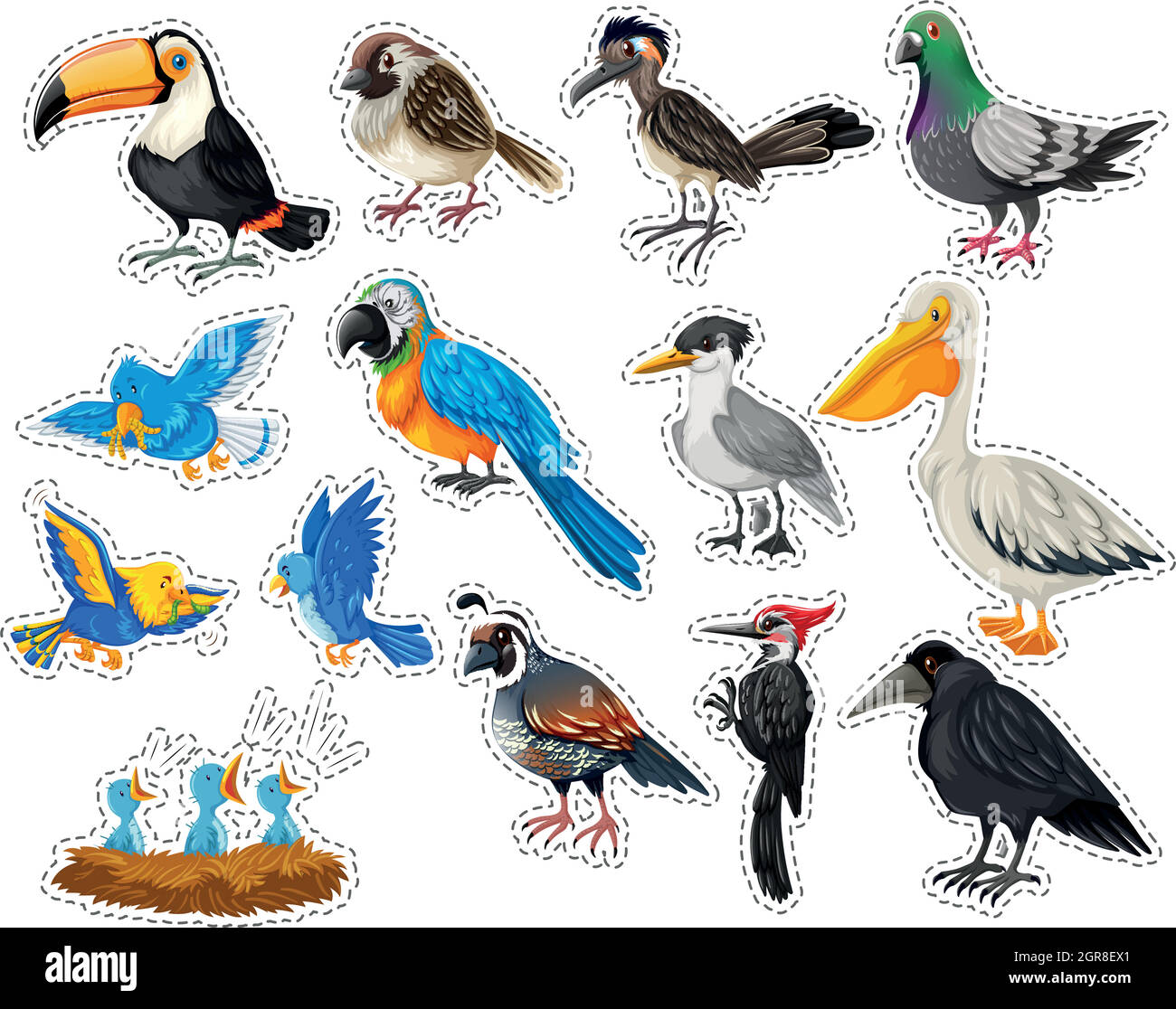 Sticker Set mit vielen Vogelarten Stock Vektor