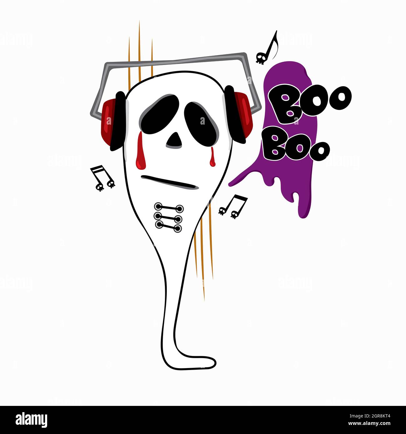 Isolierter, handgezeichneter, gruseliger Geist mit Musik-Kopfhörern, Musiknoten und Sprechblase. Cute Cartoon gruseligen Charakter für Grußkarte, Illustration f Stockfoto