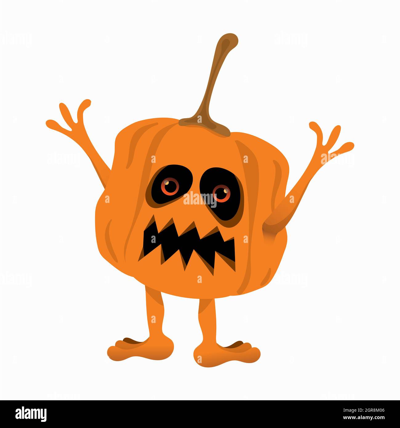 Halloween-Cartoon von Kürbis Monster mit Armen, Händen und Beinen auf weißem Hintergrund, Kürbis Monster brüllt, erhöhte Hände. Isolierter Kürbis Stockfoto