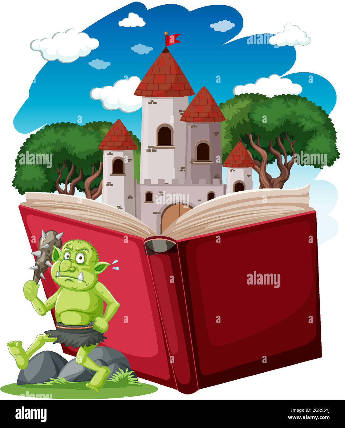 Goblin oder Troll und Burgturm auf Pop-up-Buch Cartoon-Stil auf weißem Hintergrund Stock Vektor