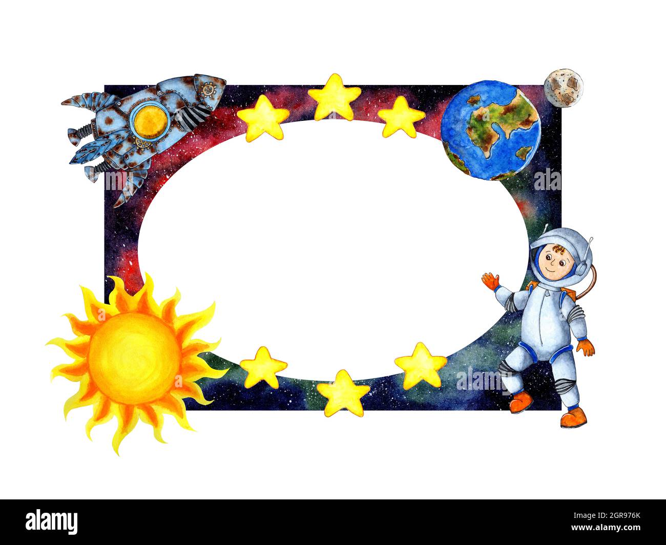 Aquarell Illustration Raumrahmen mit Astronaut, Rakete, Sonne, Erde, Mond, Sterne. Kinderrahmen isoliert auf weißem Hintergrund. Von Hand gezeichnet. Stockfoto