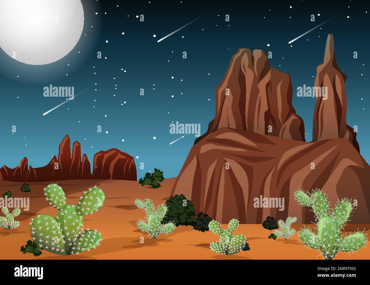 Wüste mit Felsenbergen und Kaktuslandschaft in der Nachtszene Stock Vektor