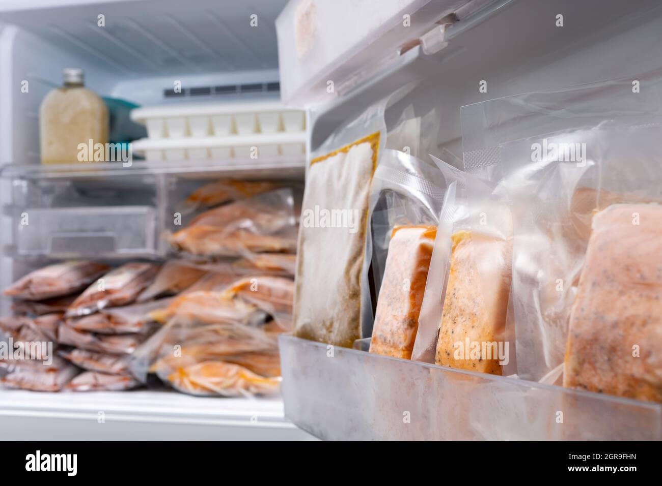 Gefrierschrank Von Modernen Kühlschrank Voll Von Gefrorenen Lebensmitteln,  Frozen Gegarten Lachs In Vakuum-Packs Stockfotografie - Alamy