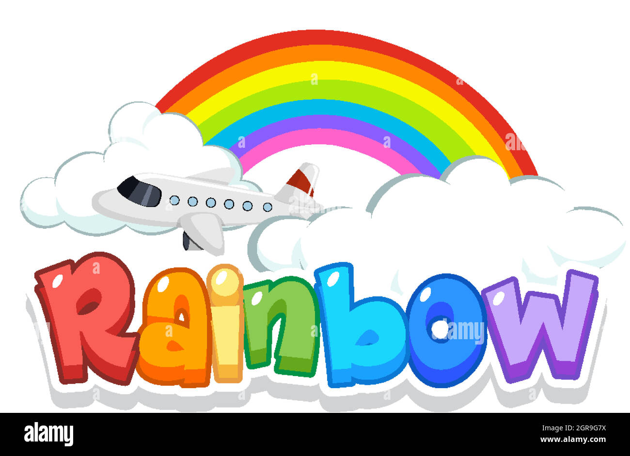Schriftdesign für Word rainbow mit Regenbogen im Himmel Hintergrund Stock Vektor