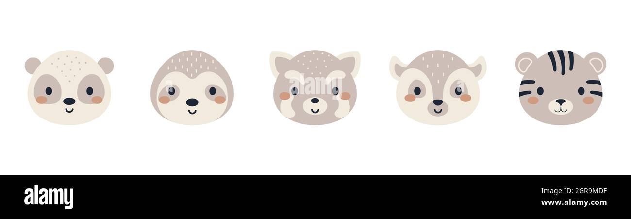 Set aus niedlichen Tierköpfen im skandinavischen Stil. Sammlung lustige Tiere Zeichen für Kinder-Karten, Baby-Dusche, Geburtstagseinladung, Haus Interieur. Stock Vektor