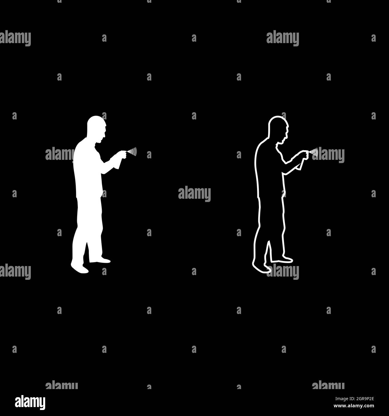 Mann mit Wasser gesprüht in nach oben männliche Bewässerung Garten mit Hand Sprinkler Holding Arm spezielle Kamm Silhouette weiß Farbe Vektor Illustration solide Kontur Stil Bild Stock Vektor