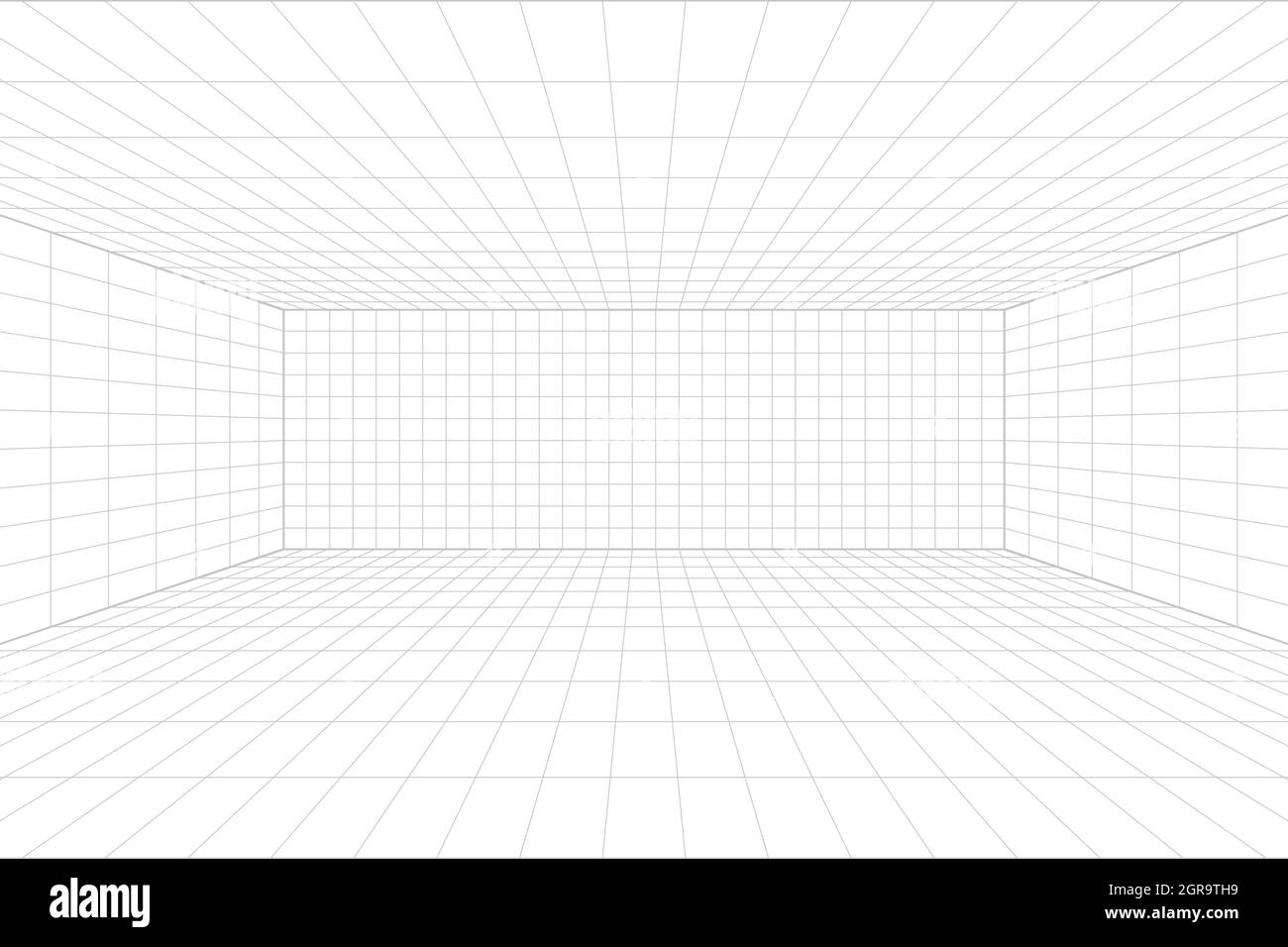 Weißer Raum mit Rasterperspektive und grauem Drahtgitterhintergrund. Digitales Cyber-Box-Technologiemodell. Abstrakte Vektor-Architekturvorlage Stock Vektor