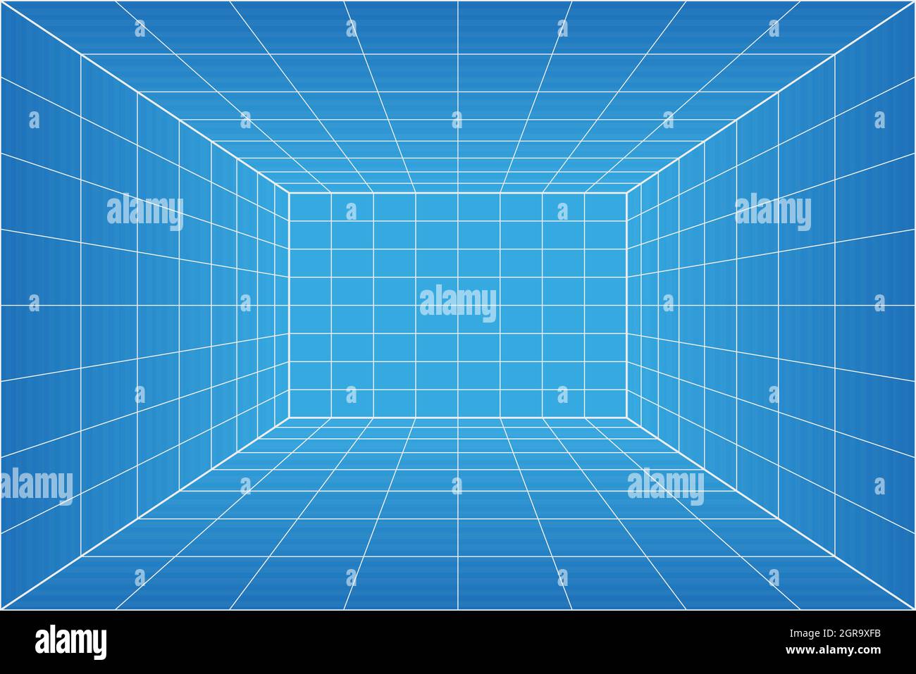 Rasterperspektive Blueprint-Raum. Drahtmodell – Papierhintergrund im Millimeterbereich. Digitales Cyber-Box-Technologiemodell. Vektor leere Architekturvorlage Stock Vektor