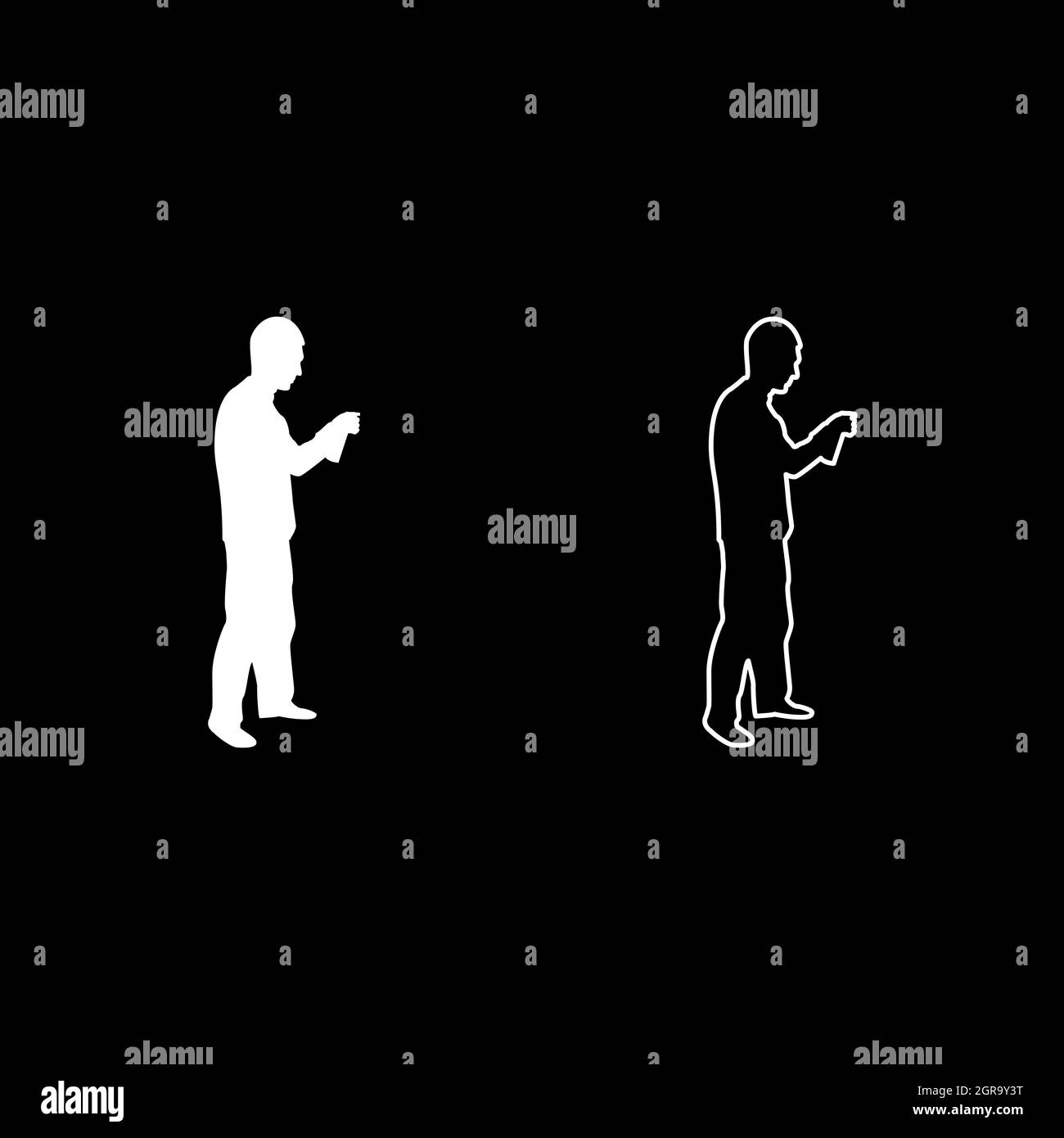 Mann mit Wasser gesprüht in nach oben männliche Bewässerung Garten mit Hand Sprinkler Holding Arm spezielle Kamm Silhouette weiß Farbe Vektor Illustration solide Kontur Stil Bild Stock Vektor