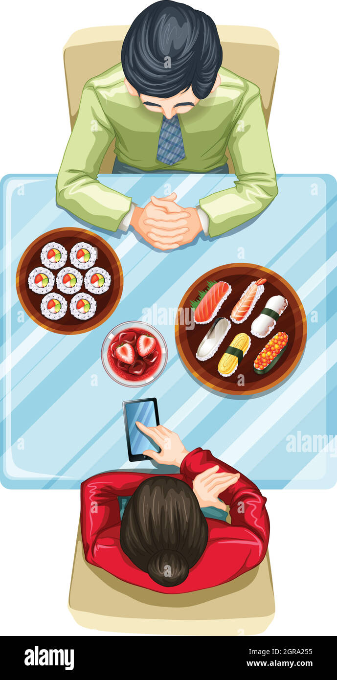 Eine topansicht von zwei Personen, die Sushi essen Stock Vektor