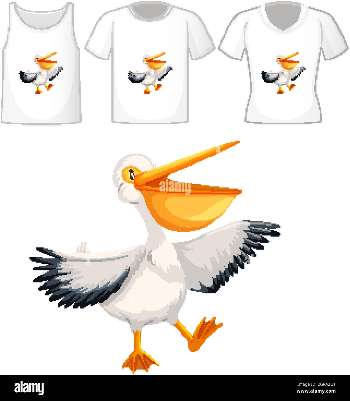Set von verschiedenen Hemden mit braunen pelikanischen Zeichentrickfigur isoliert auf weißem Hintergrund Stock Vektor