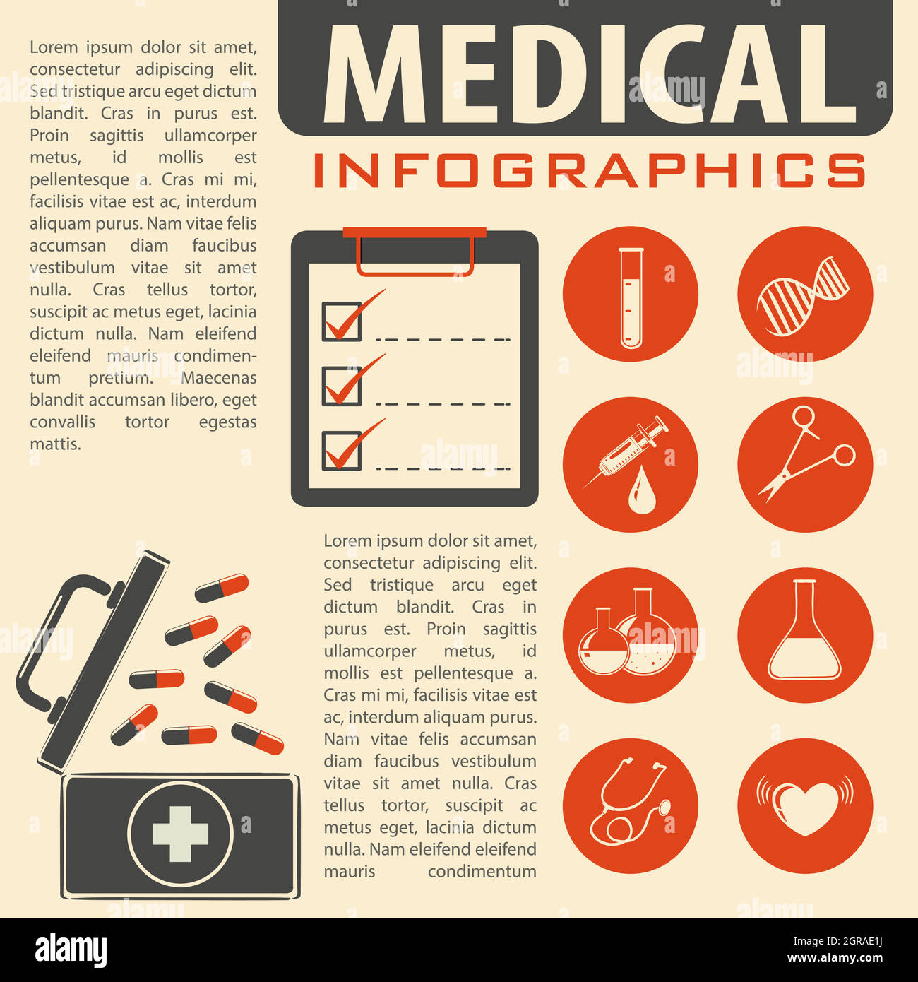 Medizinische Infografik mit Text und Symbolen Stock Vektor