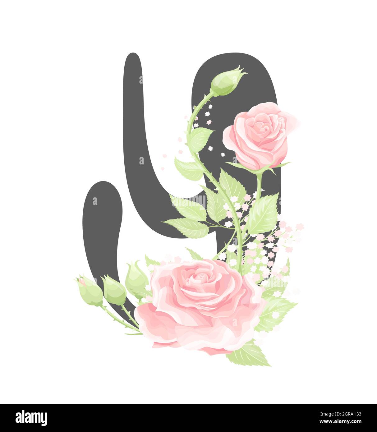 Vector floral Alphabet Buchstaben Y mit rosa Creme Rose Blumen und grünen Blättern Stock Vektor