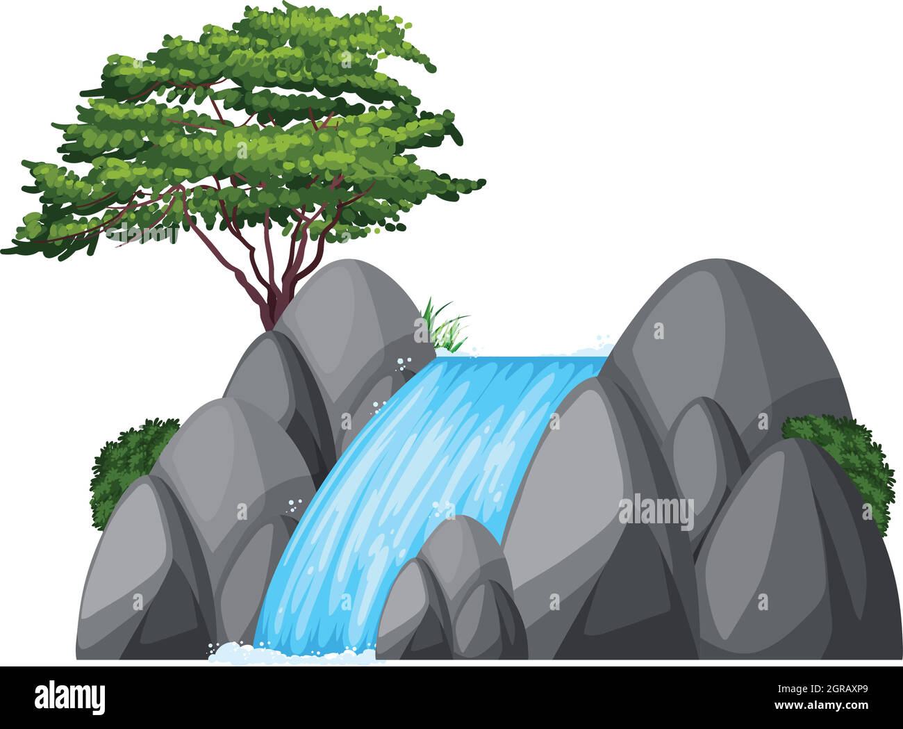 Wasserfall und grüner Baum auf dem Felsen Stock Vektor
