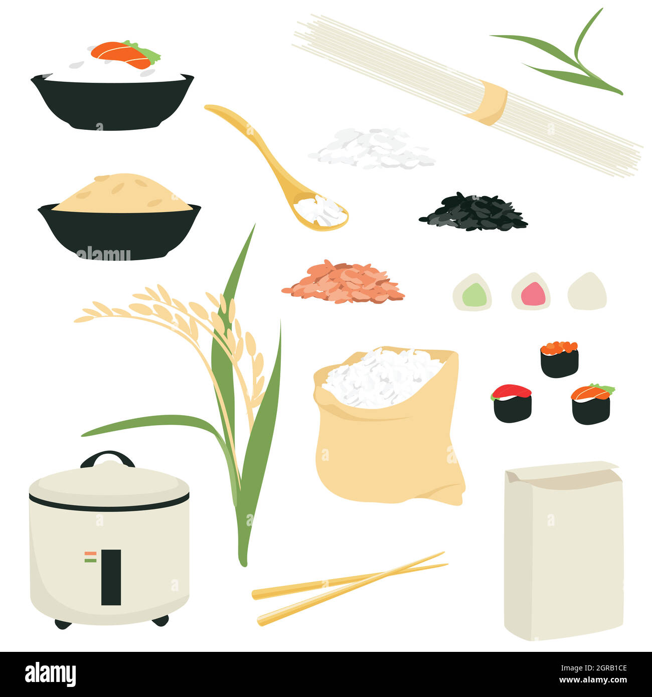 Symbolsatz für Reiskorrifiken. Sammlung von Ikonen der Reisprodukte: Nudeln,  Sushi, Mochi Reiskocher, Mehl. Reissorte, Pflanzen Plantage und isoliert  pro Stock-Vektorgrafik - Alamy